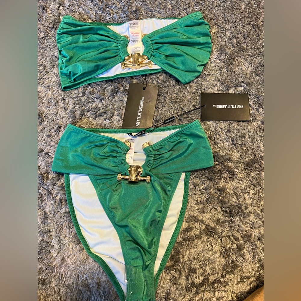 BRAND NEW NEVER WORN pretty little thing green hammered trim bikini